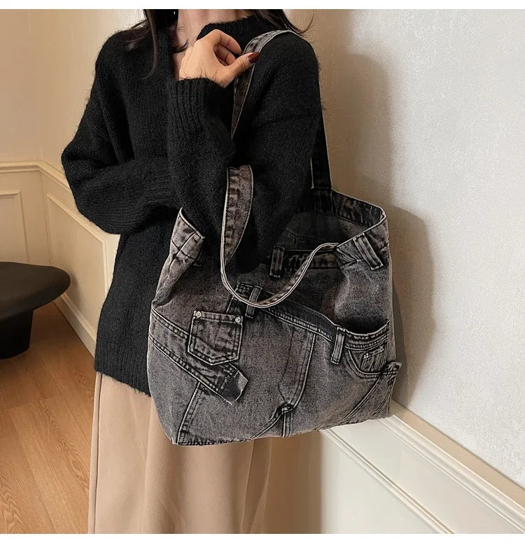 2025 Spring New Hot Sale Denim Tote Bags Solid Large Capacity Personality Retro Durable Commute Style Shoulder Bags for Women