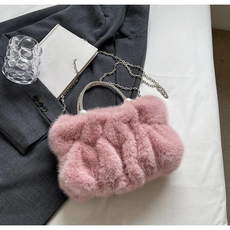 Soft Plush Evening Bags For Elegant Women Fur Dinner Party Clutch Chain Crossbody Winter Warm Luxury Designer Handbags