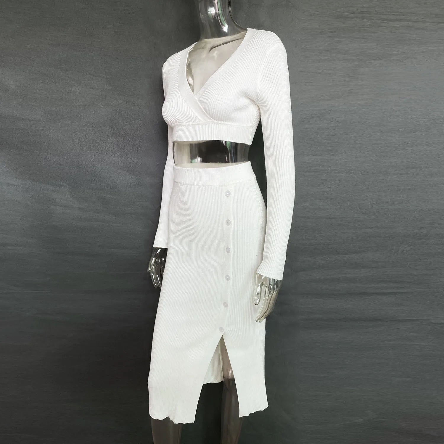 Talenza Knitted Slim Fit Slit Skirt Set 2 Piece Women's Solid Color Pullover Top Long Skirt Set Long Sleeve Women's Suit Skirt