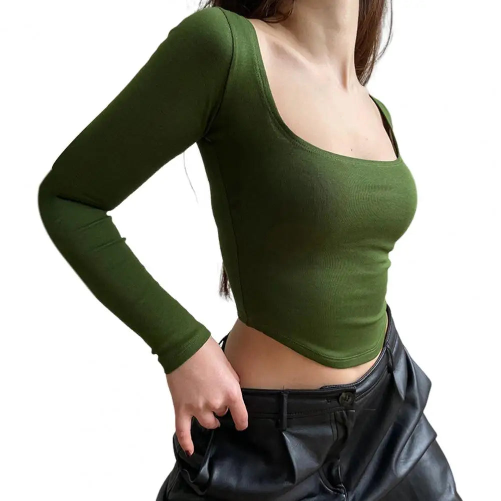 Short Blouse Elegant Square Neck Crop Top for Women Slim Fit Knitted Short T-shirt with Long Sleeves Pure Color Elastic for Club