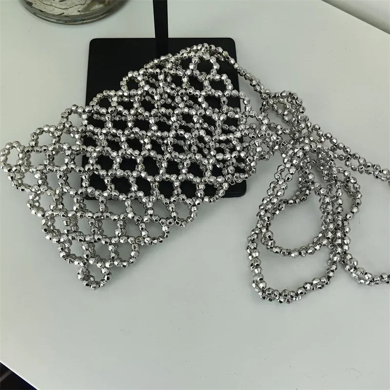 2022 Summer Silver Acrylic Hand-woven Beaded Bag Hollow Out Handmade Mobile Phone Messenger Bag Vertical Small Square Bag