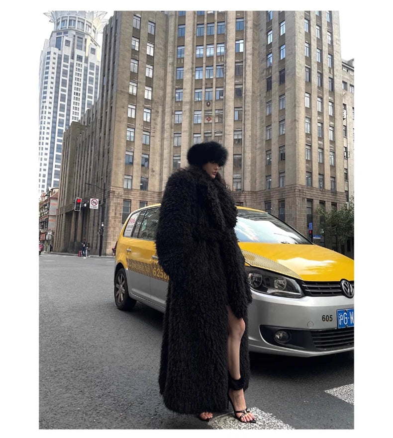 Lautaro Winter Extra Long Soft Thick Warm Fluffy Black Fuzzy Shaggy Hairy Faux Fur Coat Women Sashes Luxury Furry Overcoat 2023