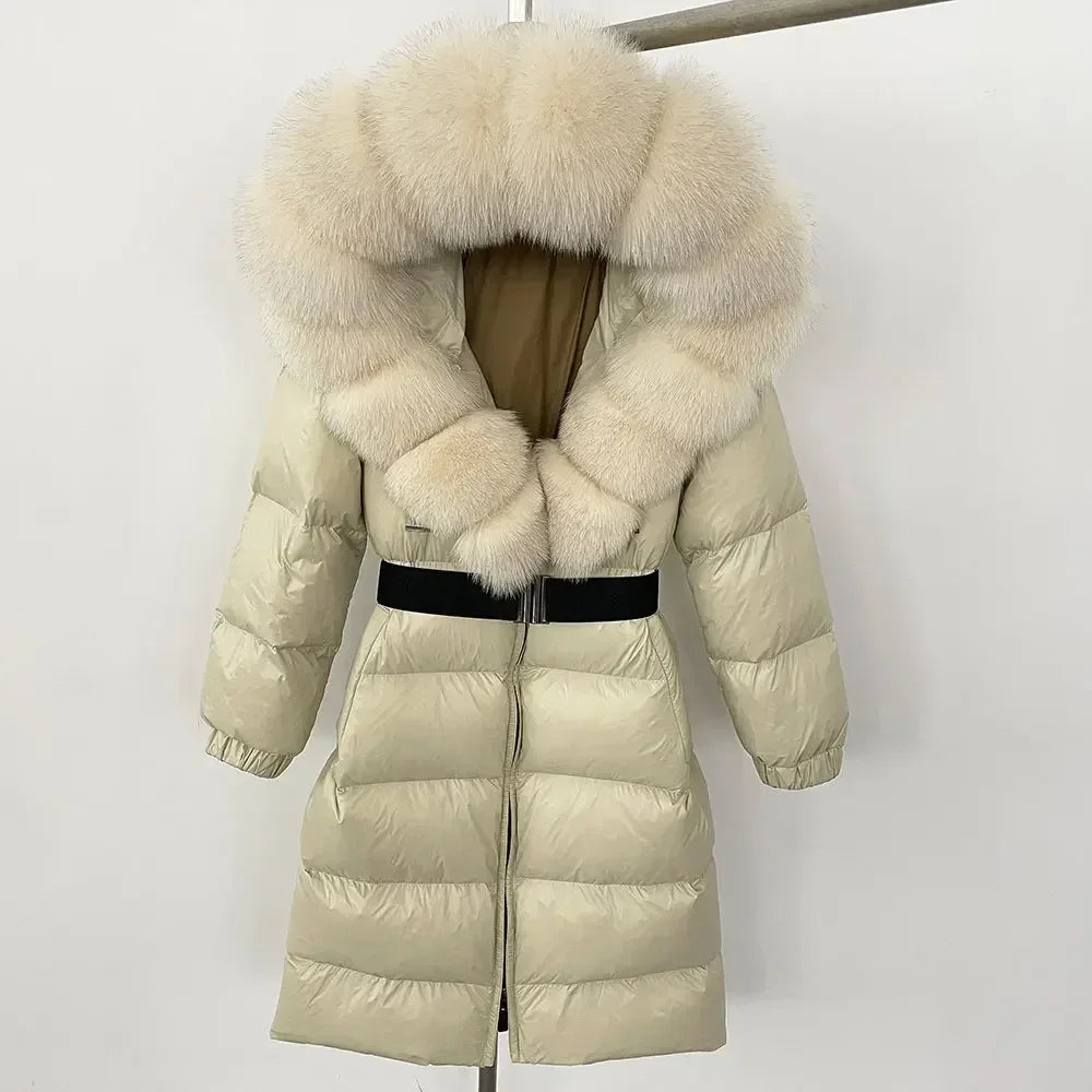 90% White Duck Down Coat New Natural Thick Warm Long Winter Jacket Women Real Big Fox Fur Collar Belt Loose Puffer Parka
