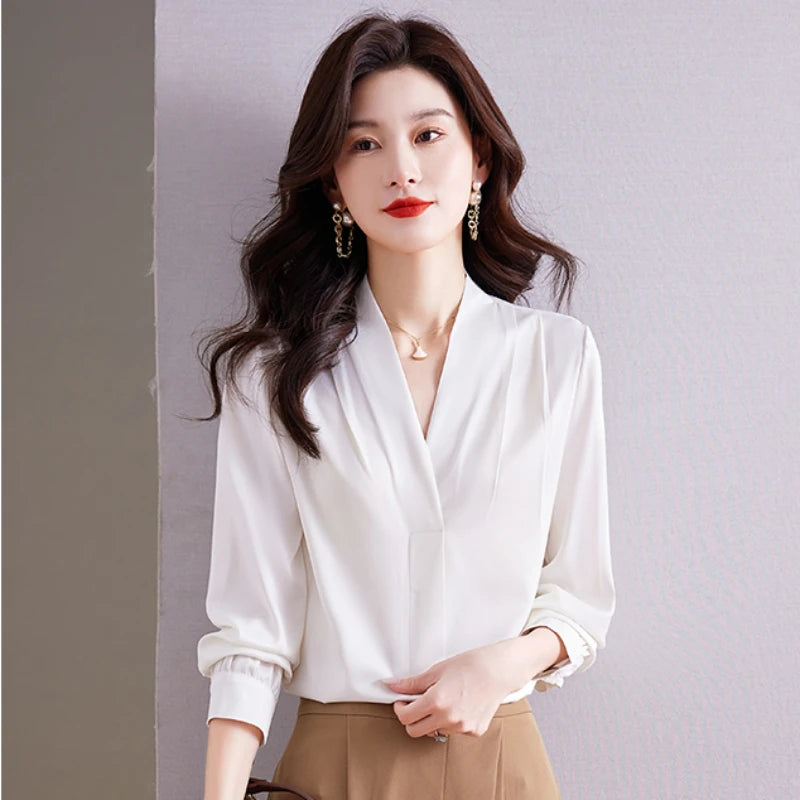 Fashion Woman Blouse 2023 Elegant and Youth Woman Blouses V-neck Silk Women's Autumn Clothing Vintage Shirt Solid OL Womens Tops
