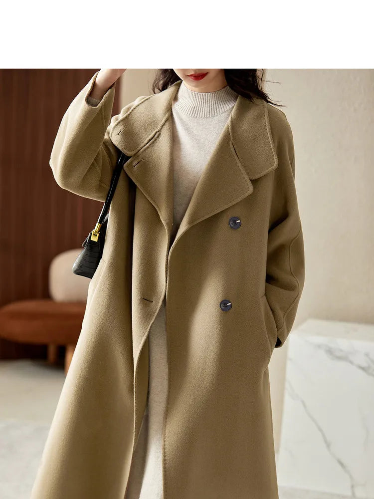 SENTUBILA Women's Long Woolen Overcoats 2025 Winter Outerwear Elegant Turtleneck Warm Double Breasted Belt Wrap Coat W24O42064