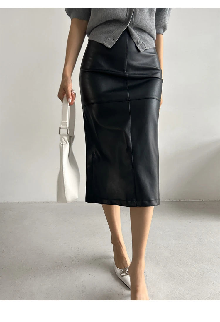 New Fashion Pu Leather Skirt Women Fashion Autumn High Waist Slim Split Wrapped Hip Pencil Skirts Elegant Office Lady Jupe