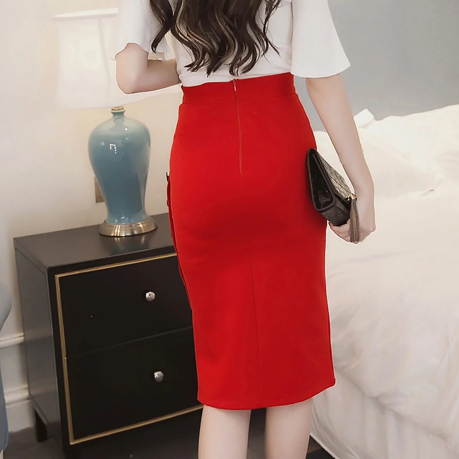 Elegant Women Vintage Office Skirt Lady Slim High Waist Buttons Slit Pencil Skirts Women Summer Sexy Stretch Midi Skirts