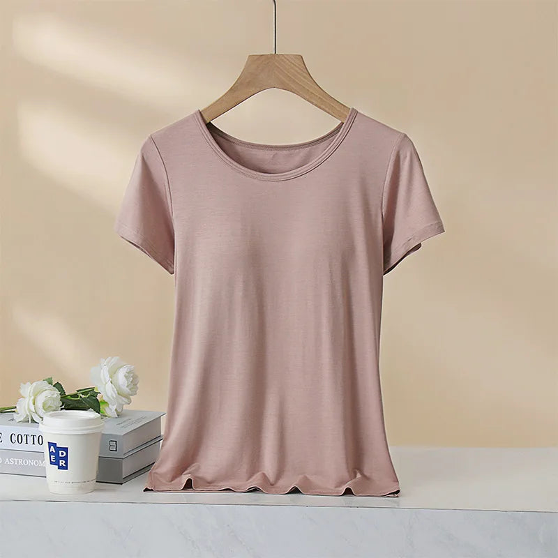 Women's T-Shirt with Chest Pad Tops  One-Piece Bra Cup Slim T Shirt Female Summer Top Bottoming Shirts Home Wear Women Pajamas