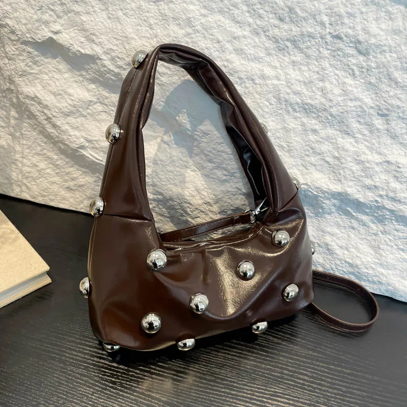 Black Half Moon Underarm Bag For Women Luxury Studded Beading Handbags Red Purse Solid Color Pu Leather Shoulder Crossbody Bags