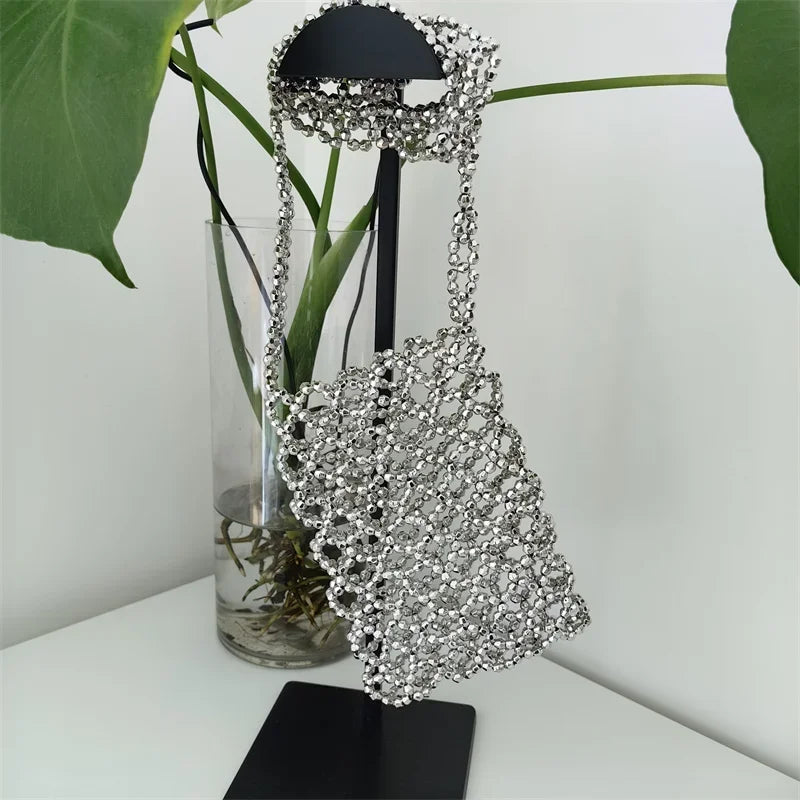 2022 Summer Silver Acrylic Hand-woven Beaded Bag Hollow Out Handmade Mobile Phone Messenger Bag Vertical Small Square Bag