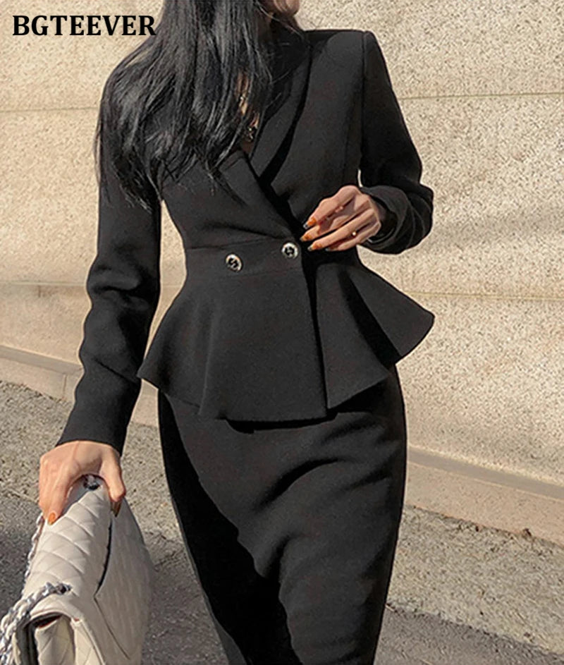 BGTEEVER Elegant Ladies Skirt Suits Double Breasted Slim Waist Blazer & High Waist Package Hip Skirts Women 2 Pieces Set