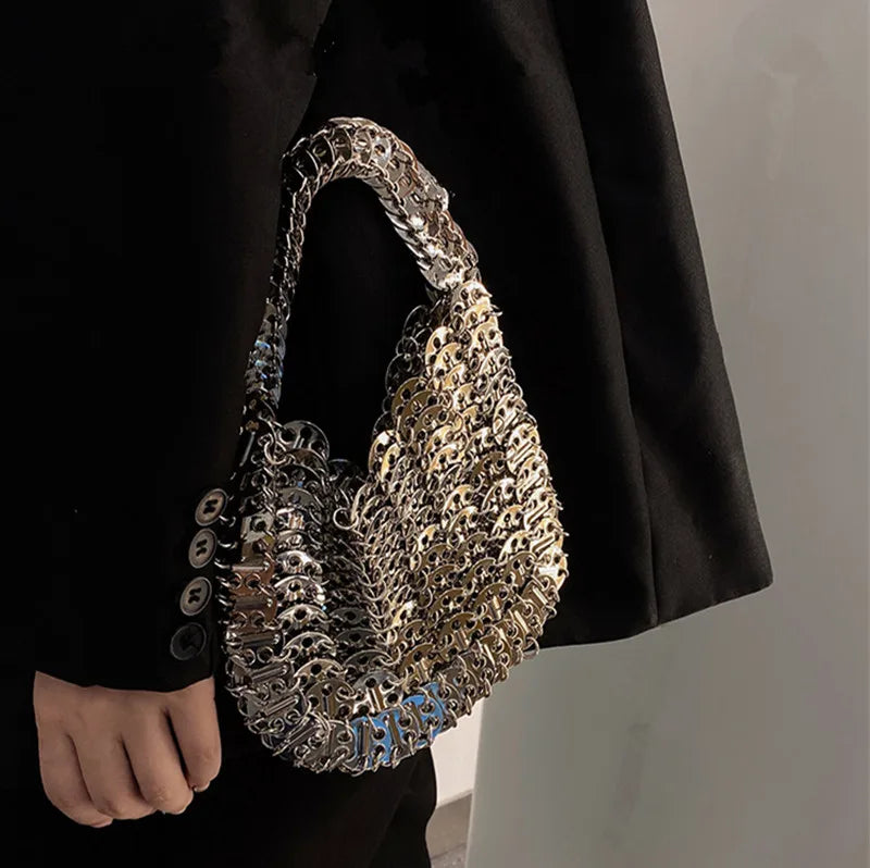 Women's Bag 2025 Trend luxury Designer Handbag Metal Chain Tote Bag Hollow Evening Bag Clutch Female Travel Holiday Shoulder Bag