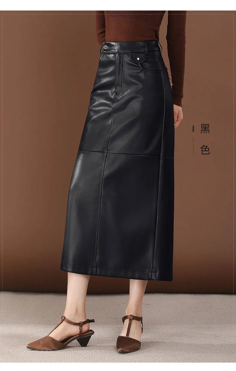 PU Leather Skirt Women's Autumn 2025 New High Waist Hip Skirt Medium and Long Straight Split One-step Skirt