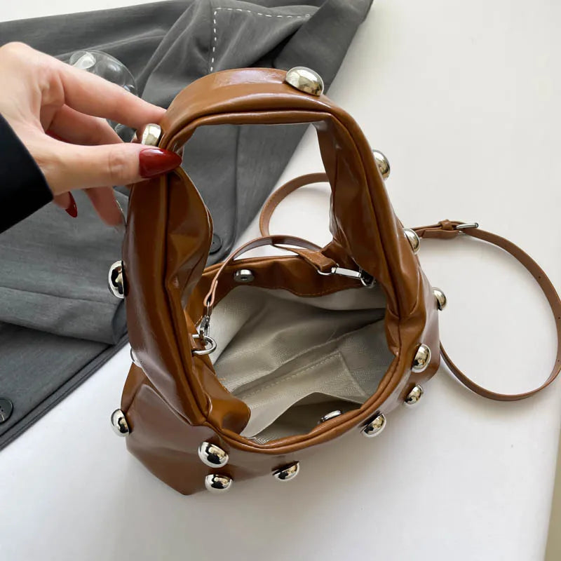 Black Half Moon Underarm Bag For Women Luxury Studded Beading Handbags Red Purse Solid Color Pu Leather Shoulder Crossbody Bags