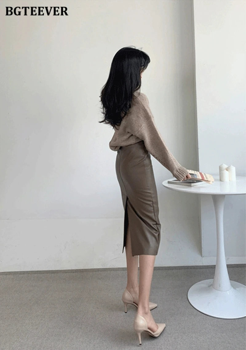 BGTEEVER Stylish Package Hip PU Leather Skirts for Women Autumn Elegant High Waist Slim Split Ladies Pencil Skirts