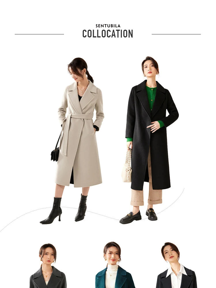 SENTUBILA Women 100% Wool Long Wrap Coat 2025 Elegant Notched Collar Belted Warm Double Faced Woolen Winter Overcoat W24O43352