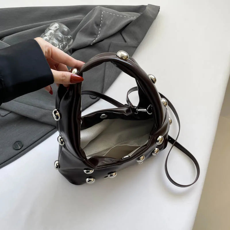 Black Half Moon Underarm Bag For Women Luxury Studded Beading Handbags Red Purse Solid Color Pu Leather Shoulder Crossbody Bags