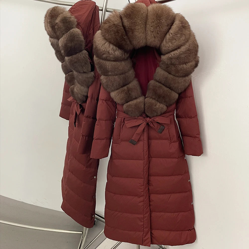 OFTBUY Large Real Fox Fur Collar X-Long Puffer Jacket Women Hooded Winter White Duck Down Coat Thick Female Parkas With Belt