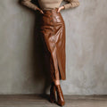New Autumn And Winter PU Leather Women's Skirt Sexy Button Slit Slim High Waist Long Hip Cover Skirt Casual Womens Clothing