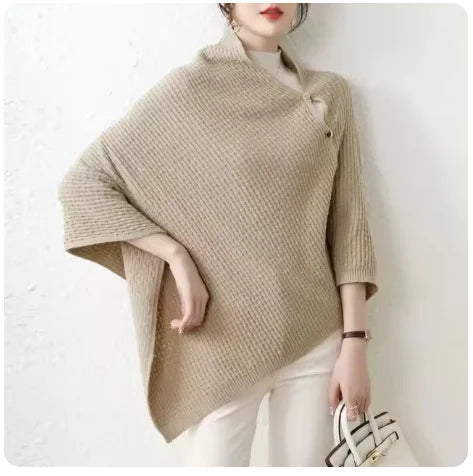 Warm Knitted Plain Color Scarf Thick Single Breasted Wool Shawl Wrap Women Cape Open Side Woven Cardigan Poncho Stole