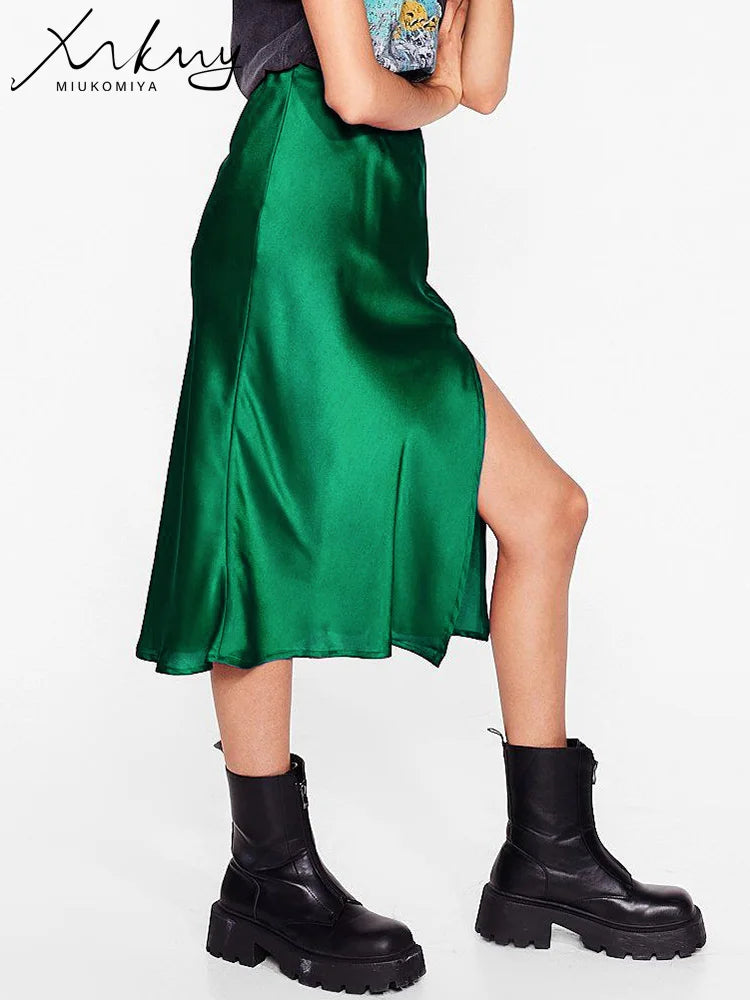 Green Satin Midi Skirts For Women Summer Elastic High Waist A Line Slit Skirt Midi Satin Silk Women Skirt With Slit Summer 2024