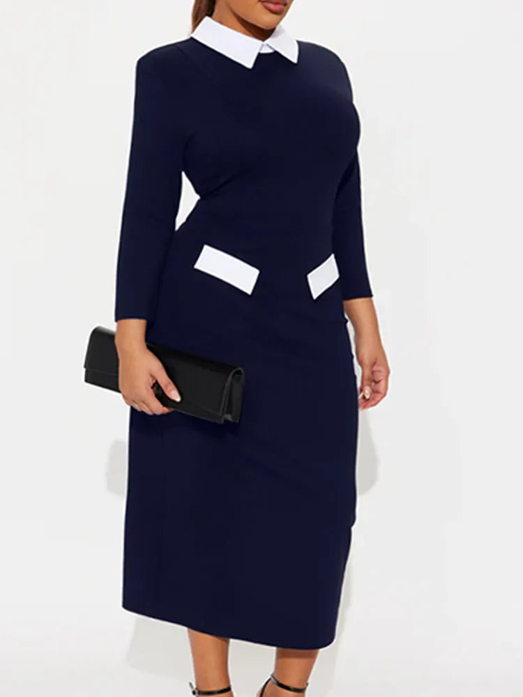 Elegant Fashion Women's Pencil Dress Polo Collar Design Professional Long Sleeved Solid Color Office Lady Dress