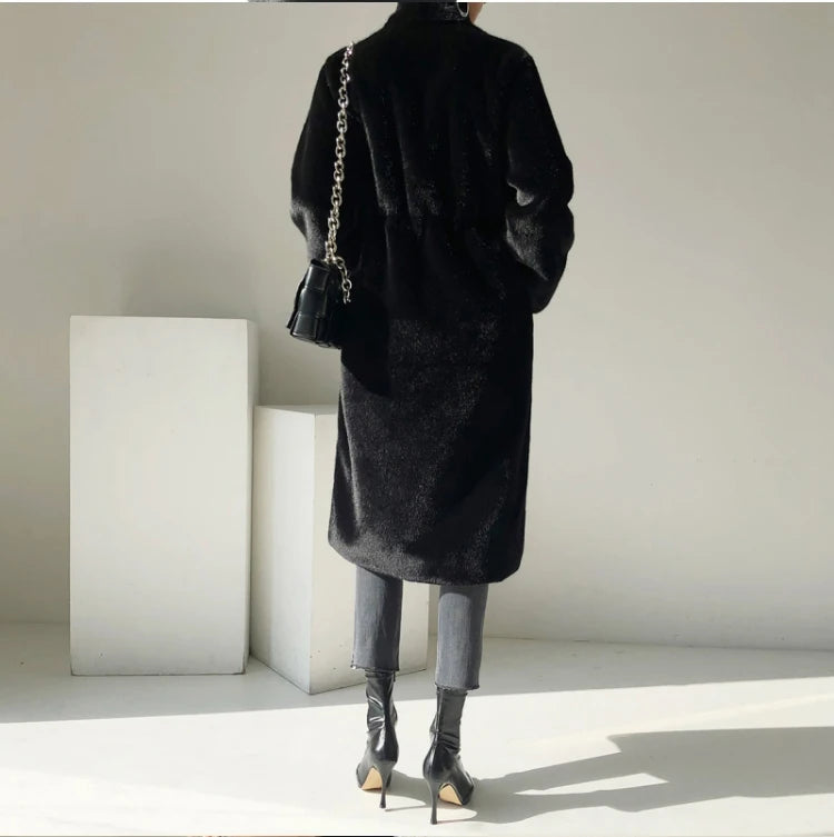 Lautaro Winter Long Black Luxury Elegant Stylish Thick Warm Fluffy Hairy Soft Faux Mink Fur Coat Women Stand Collar Sashes 2023