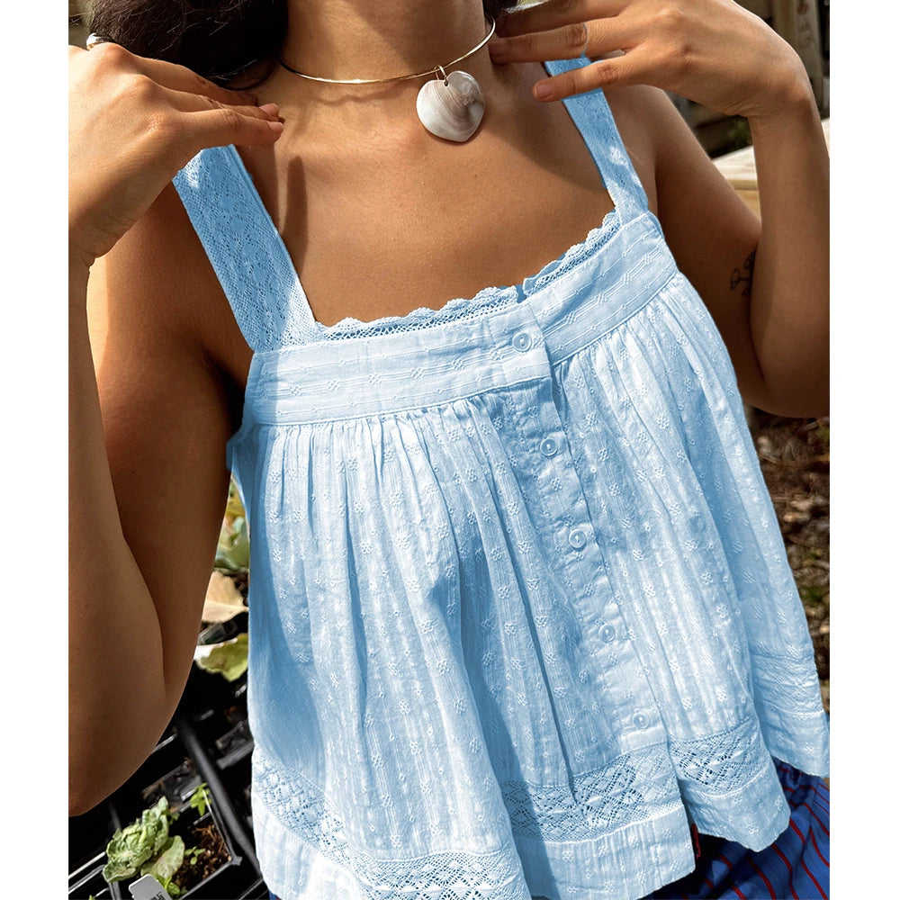 Women Kawaii Cottage Lace Ruffle Trim Tank Top Fairycore Sexy Button Front Square Collar Sleeveless Going Out Camis Boho Vest