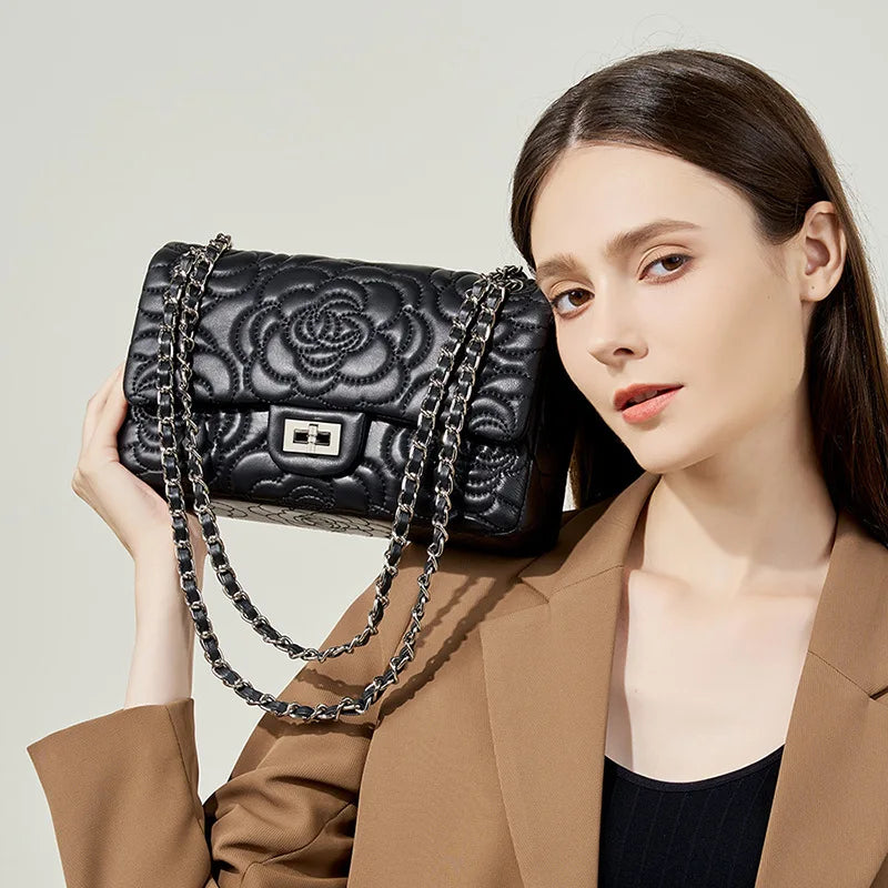 New Vintage Style Small Square Leather Bag Tea Flower Pattern Top Layer Sheep Skin Feel Chain Crossbody Bag for Women