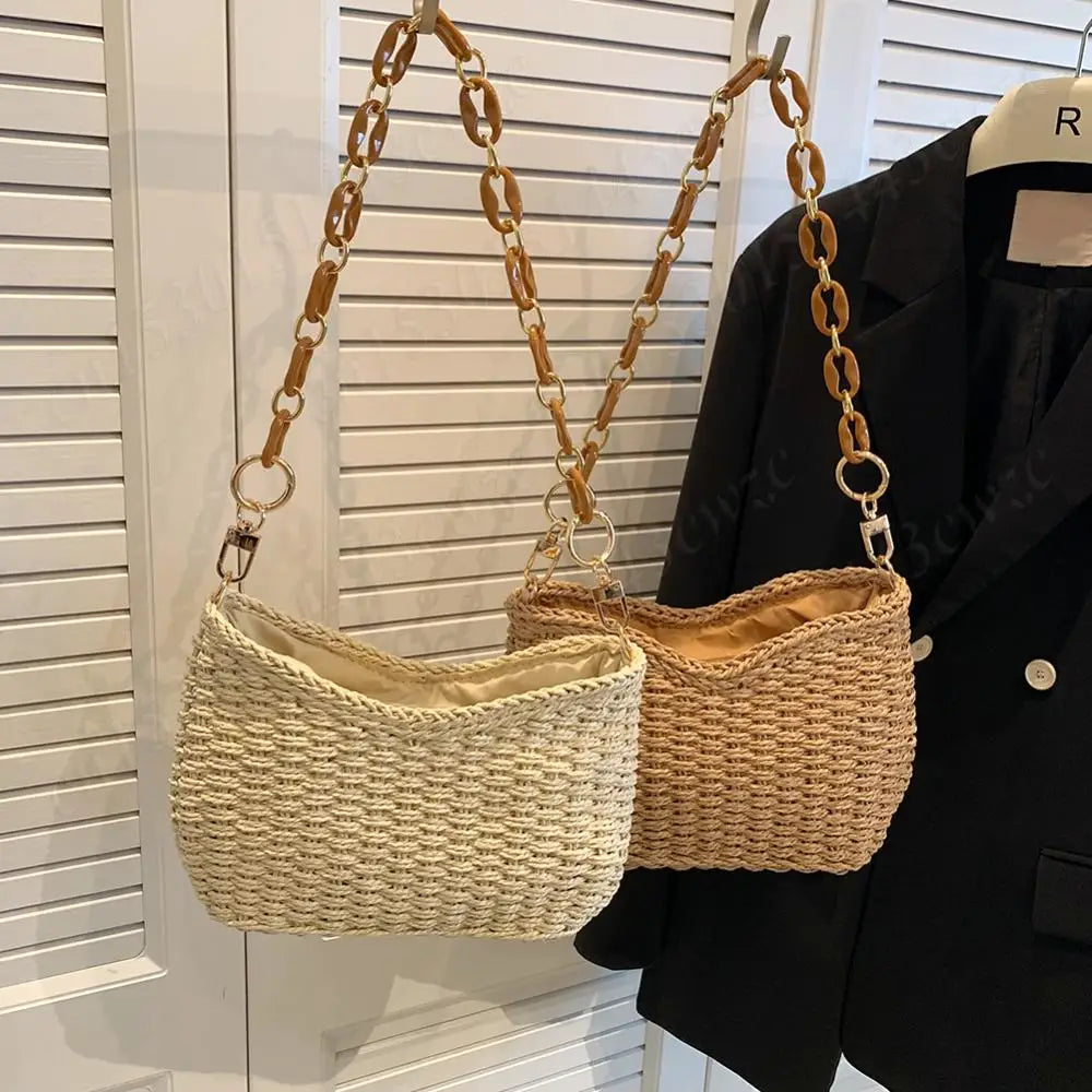 Straw Purse for Women with Chain Woven Shoulder Bag Zipper Underarm Bag Large Capacity Clutch Purse for Travel Vacation