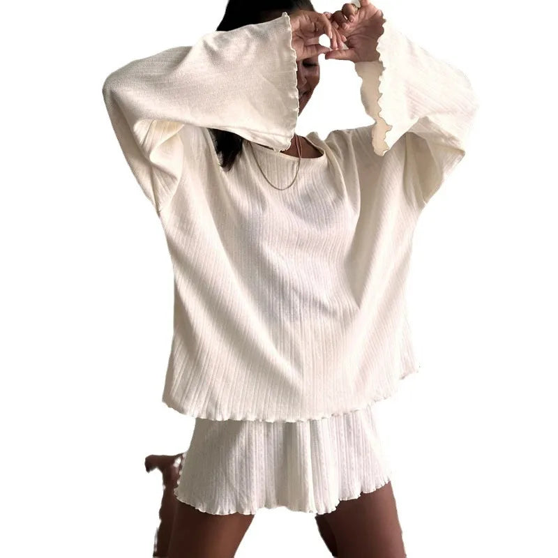 2025 Women's Solid Pajamas Set Autumn Long Sleeve Top And Shorts Sleepwear 2 Piece Set For Female Casual Loose Breathe Homewear