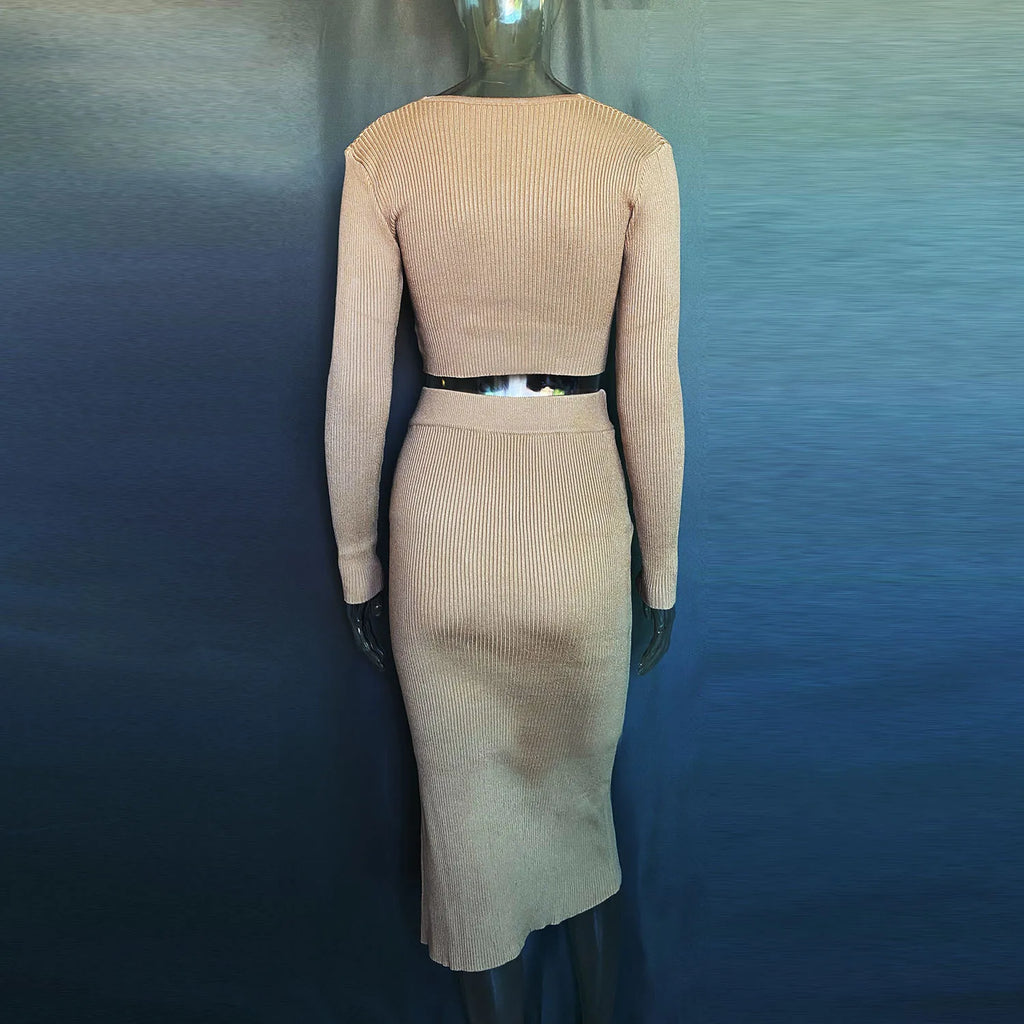 Talenza Knitted Slim Fit Slit Skirt Set 2 Piece Women's Solid Color Pullover Top Long Skirt Set Long Sleeve Women's Suit Skirt