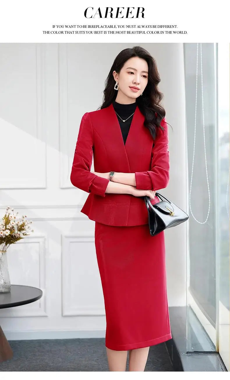 2025 New All Season Skirt Suits Women New Fashion Temperament V Neck Professional Blazer And High Waist Skirt Two Piece Set