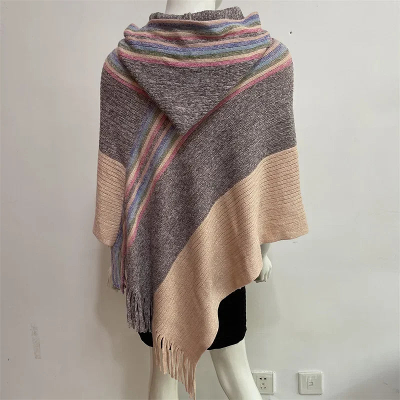 Cloak shawl Hat Colorful Silk new style European  American Spring Autumn Women Tassel Double-purpose Imitation Cashmere Red