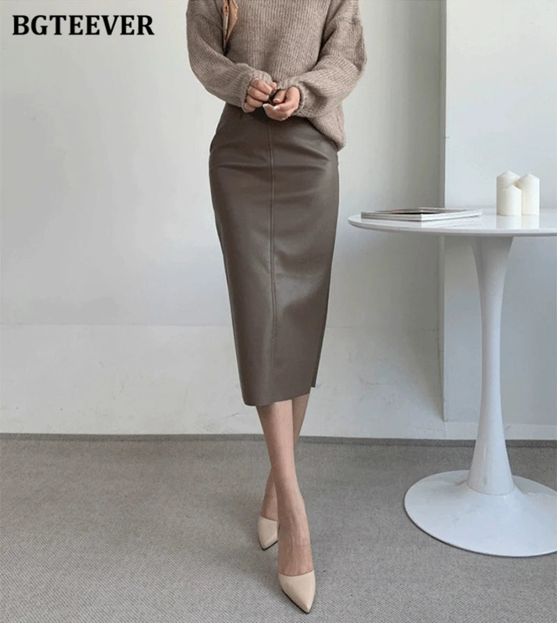 BGTEEVER Stylish Package Hip PU Leather Skirts for Women Autumn Elegant High Waist Slim Split Ladies Pencil Skirts
