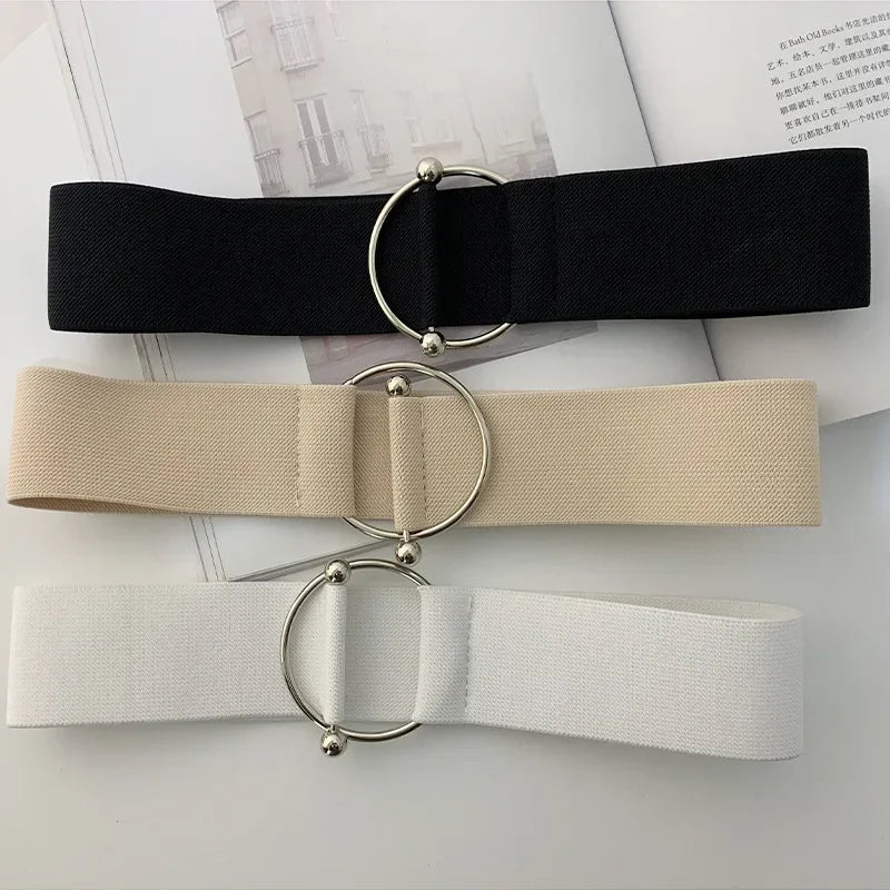 Belts for Women Black Simple Waist Elastic Ladies Band Round Buckle Decoration Coat Sweater Fashion Dress Rice White