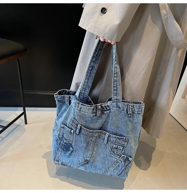 2025 Spring New Hot Sale Denim Tote Bags Solid Large Capacity Personality Retro Durable Commute Style Shoulder Bags for Women