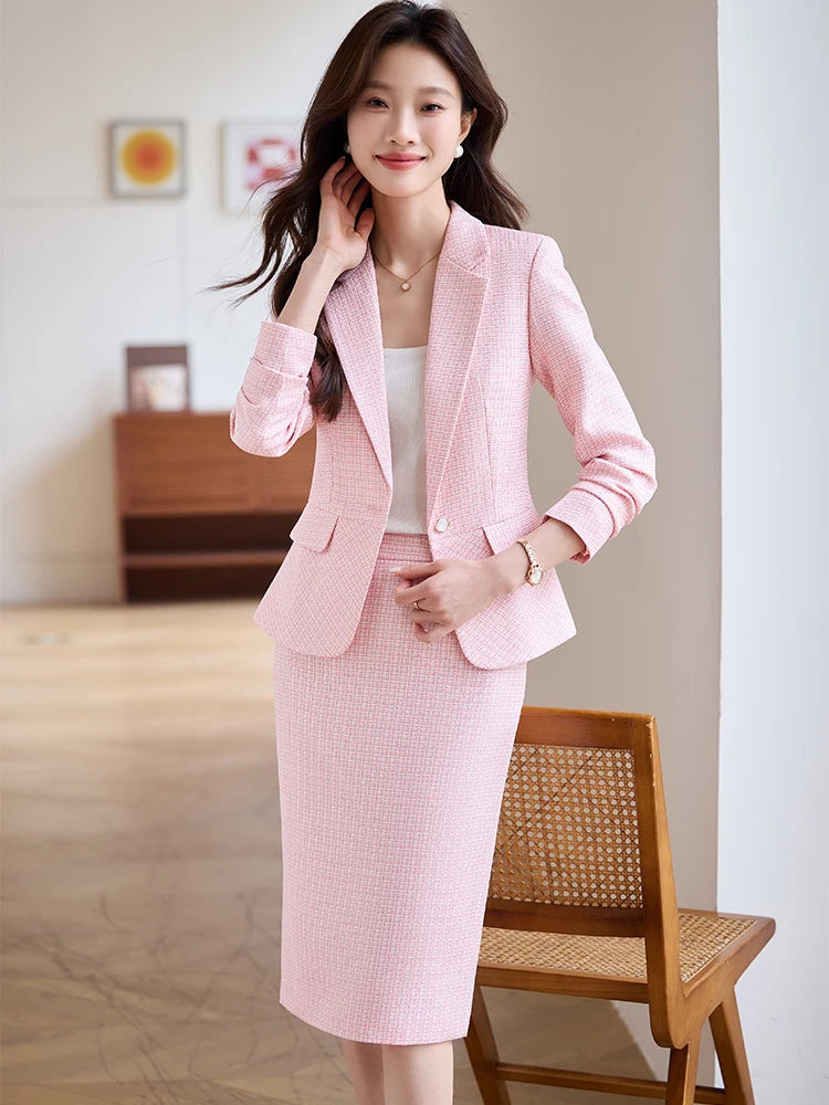 Fashion Women Formal Blazer Skirt Suit Ladies Apricot Pink Blue Female Two Piece Set For Spring Autumn Winter