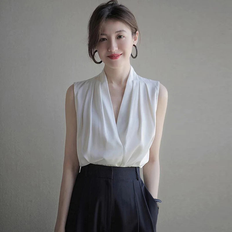 2025 New Summer Satin Tank Top Women's Blouses Sleeveless Solid Cross V-neck Casual Korean Elegant Vest Shirts for Womens