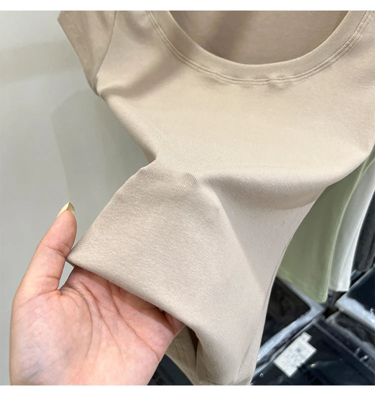 2025 Sexy Square Collar Slim T Shirt Women Cotton Elastic Basic Solid Female Casual Tops Short Sleeve Thin T-shirts See Through