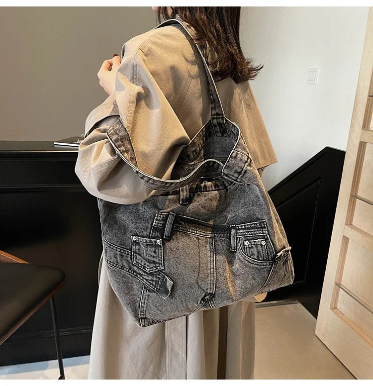 2025 Spring New Hot Sale Denim Tote Bags Solid Large Capacity Personality Retro Durable Commute Style Shoulder Bags for Women