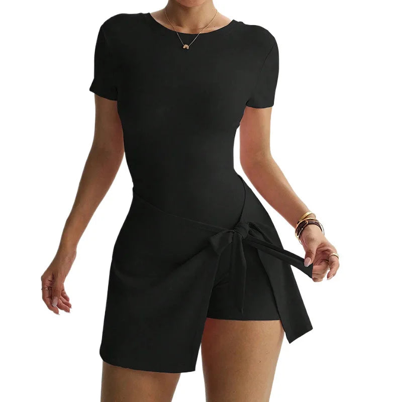 Women Yoga Bodysuit Short Dress Slimming Open Back Two Piece Look Anti See Through Athletic Tennis Skirt for Outdoor Workout