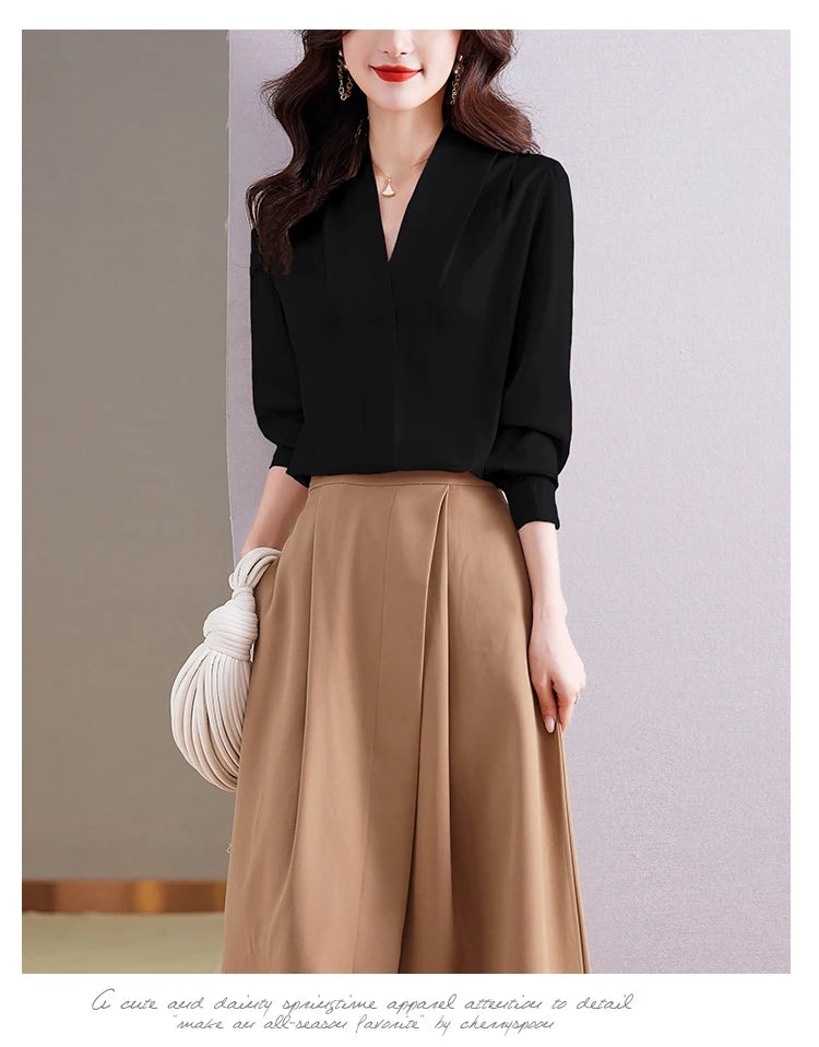 Fashion Woman Blouse 2023 Elegant and Youth Woman Blouses V-neck Silk Women's Autumn Clothing Vintage Shirt Solid OL Womens Tops