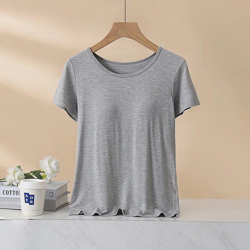 Women's T-Shirt with Chest Pad Tops  One-Piece Bra Cup Slim T Shirt Female Summer Top Bottoming Shirts Home Wear Women Pajamas