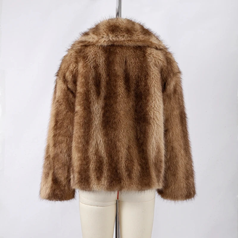 Street Faux Fur Women Coat Urban Full Sleeve Lapel Panelled Pocket Female Outwear 2025 Autumn Winter Elegant Lady Outwear