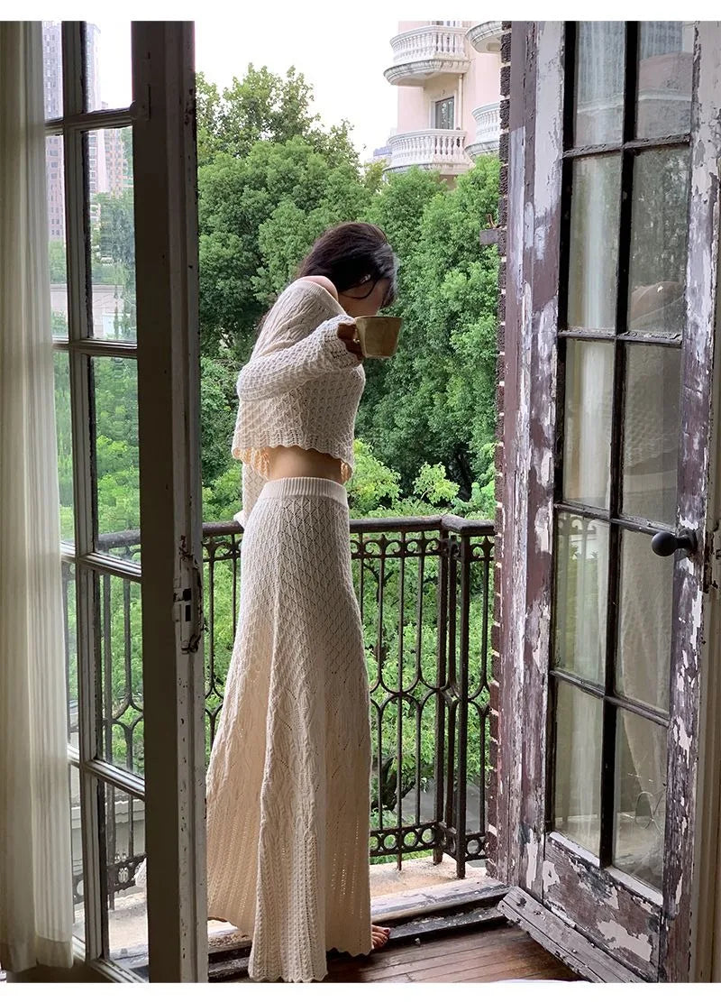 Women's Knitted Sweater Skirt Two-Piece Suit New Sexy Hollow Off-Neck Long Sleeve Sweater Skirt Suit