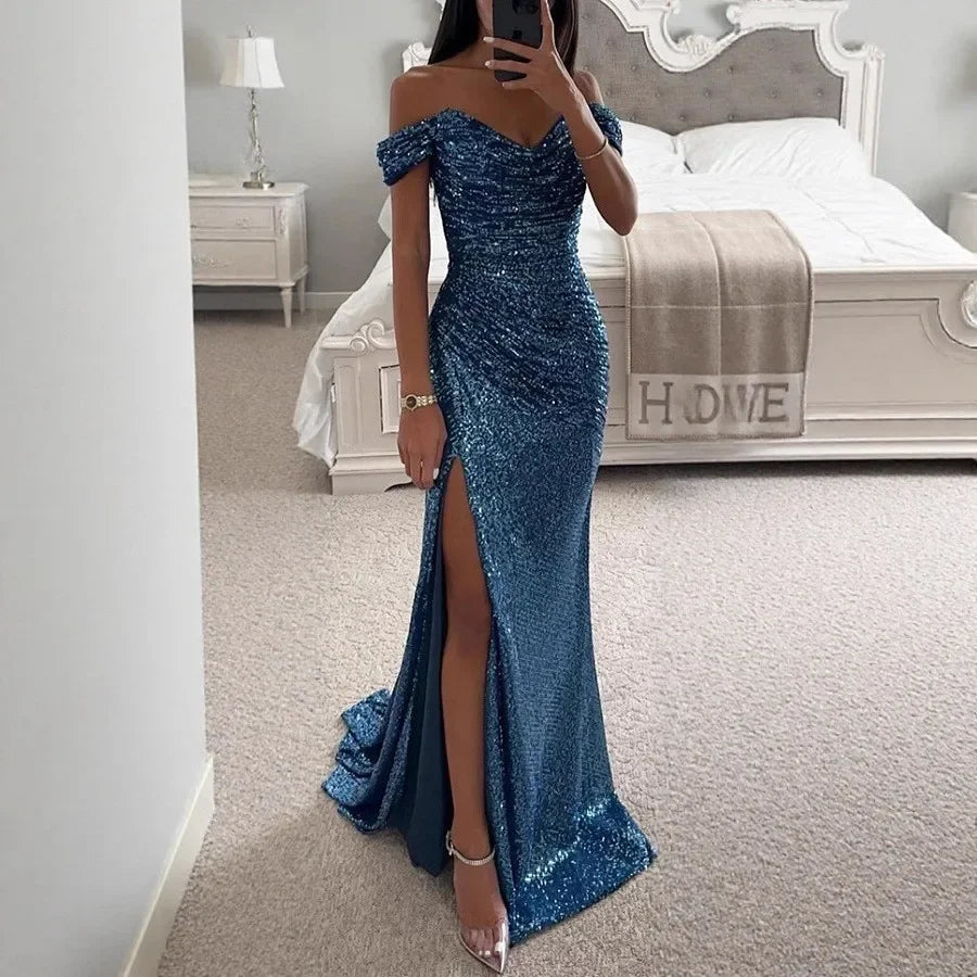 Casual Chic One-Shoulder Slit Dress Women's Fashion Party Wear Polyester Fiber Maxi Dress Regular Waistline No Sleeve