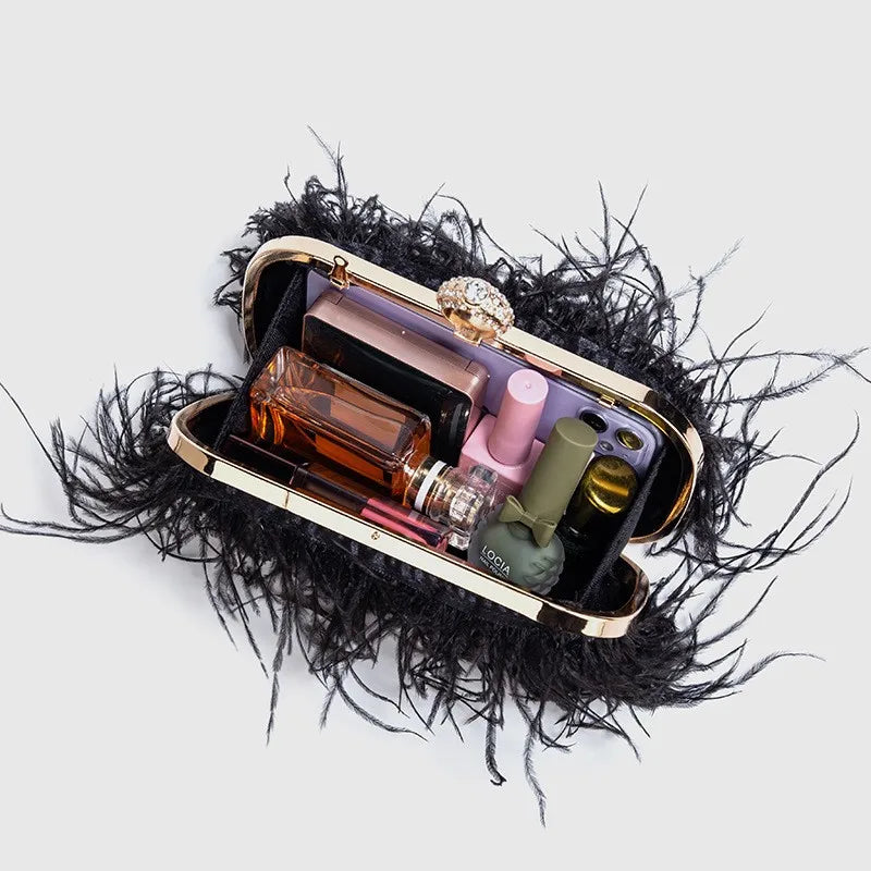 Multicolored Ostrich Feather Purse Clutch Bag Evening Hand Purse With Knuckle Ring Purple/Pink/White/Black Purse