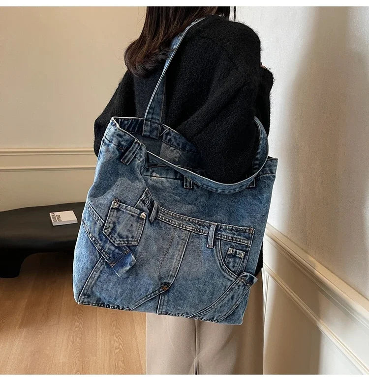 2025 Spring New Hot Sale Denim Tote Bags Solid Large Capacity Personality Retro Durable Commute Style Shoulder Bags for Women