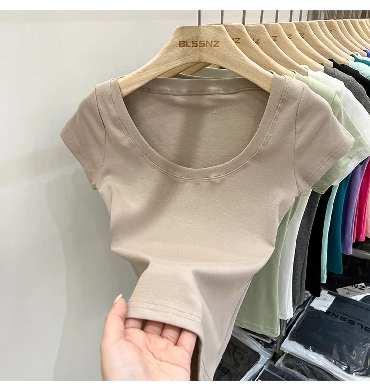 2025 Sexy Square Collar Slim T Shirt Women Cotton Elastic Basic Solid Female Casual Tops Short Sleeve Thin T-shirts See Through